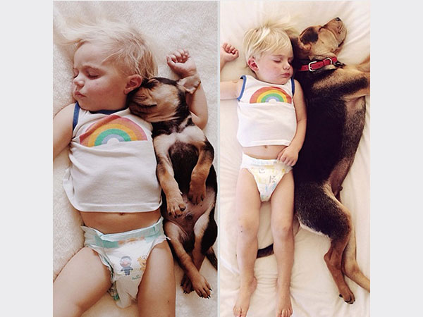 بالصور.. علاقة صداقة قوية تجمع طفل وكلبه تظهر أثناء نومهما