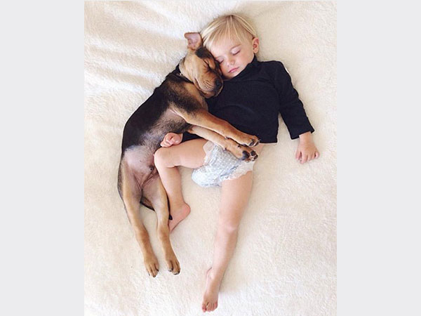 بالصور.. علاقة صداقة قوية تجمع طفل وكلبه تظهر أثناء نومهما