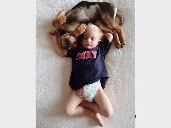 بالصور.. علاقة صداقة قوية تجمع طفل وكلبه تظهر أثناء نومهما