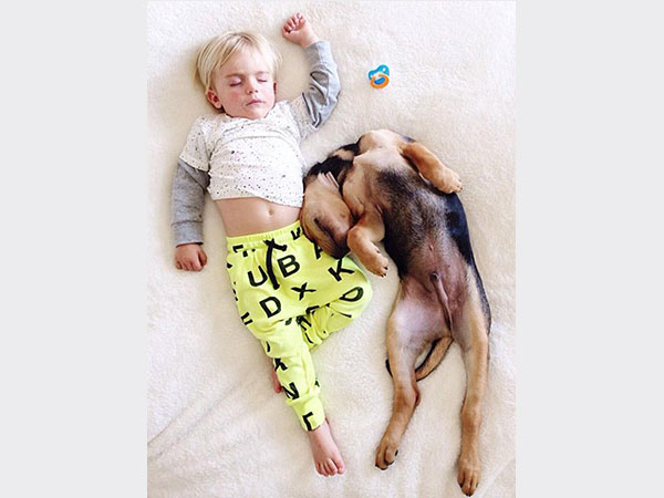 بالصور.. علاقة صداقة قوية تجمع طفل وكلبه تظهر أثناء نومهما